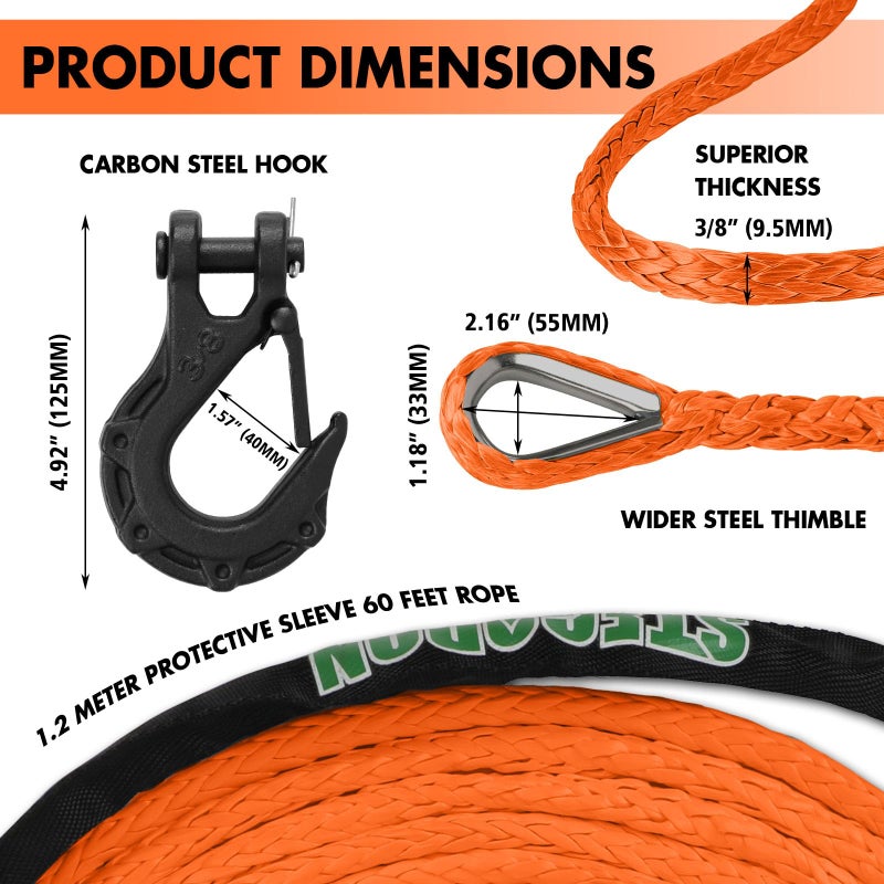 STEGODON 3/8"" x 60ft Synthetic Winch Rope 19,854lbs Dyneema Winch Cable Line with Hook and Sleeve Protection Car Tow Recovery Cable for 4WD Off Road Vehicle SUV Truck(Orange-Slim) - Image 3